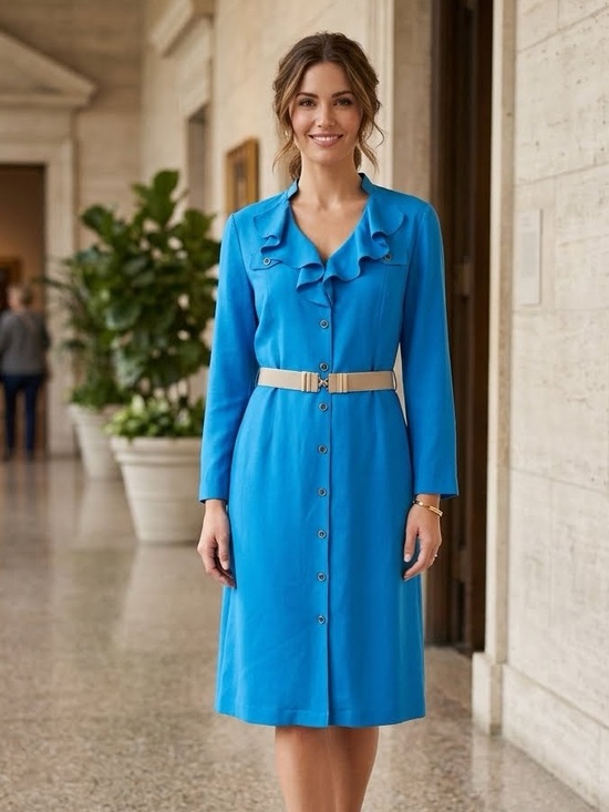 Tahari Dresses & Skirts - Tahari Arthur S Levine Blue Linen Blend Ruffle Neck Dress Size 12